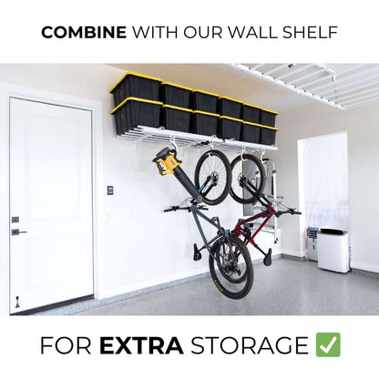 Ceiling SAM Bike Slide Pro - Ceiling Mount showcasing bikes and wall shelf for extra storage solutions.
