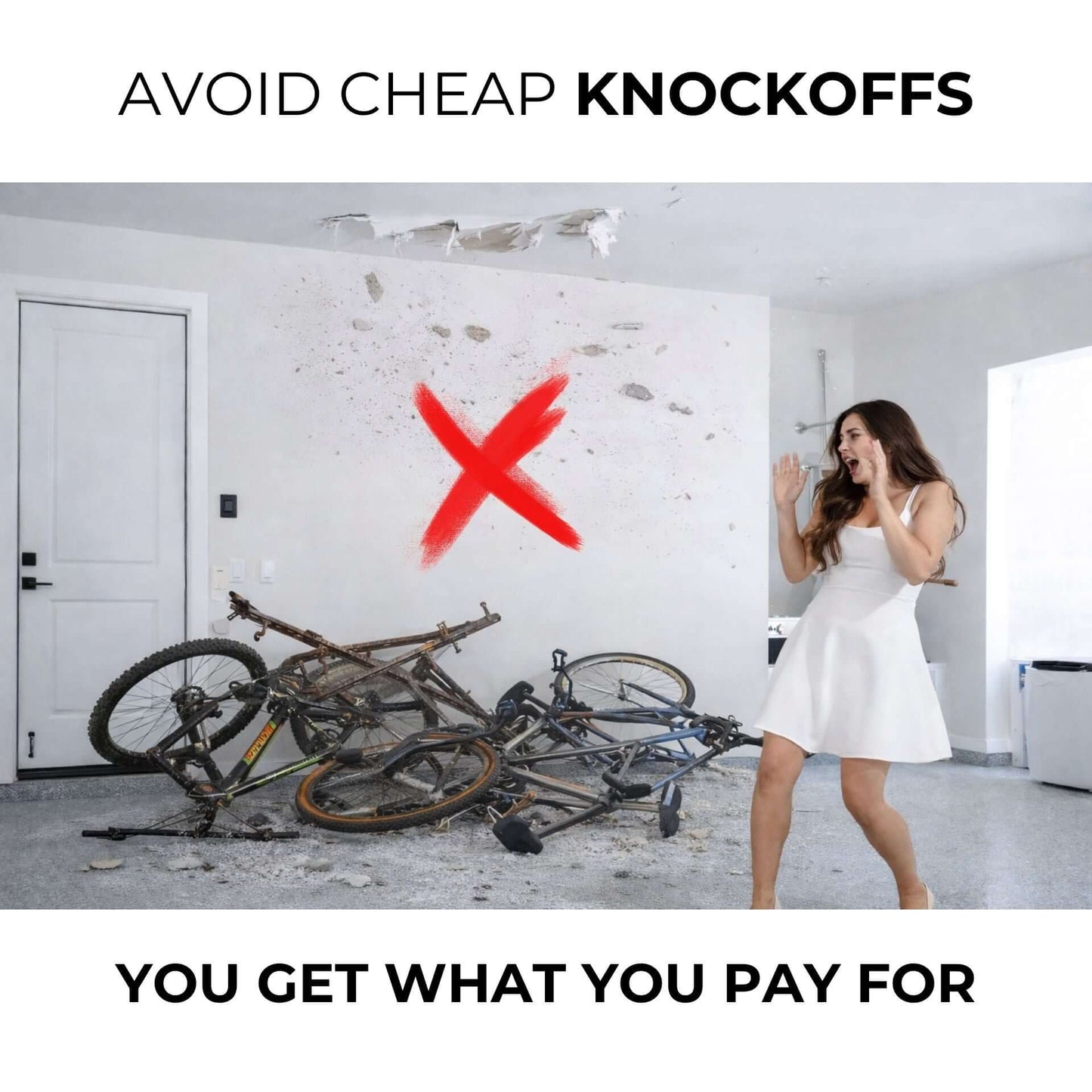 Avoid cheap knockoffs - woman surprised by messy bikes, emphasizing quality over lower-priced alternatives.