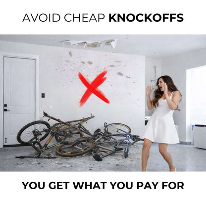 Avoid cheap knockoffs - woman surprised by messy bikes, emphasizing quality over lower-priced alternatives.