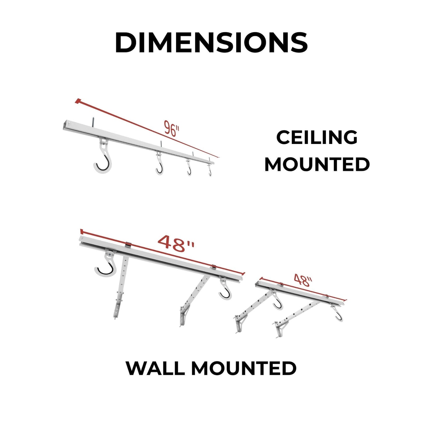 Ceiling SAM Bike Slide Pro - Ceiling Mount dimensions showing 96" ceiling mounted and 48" wall mounted configurations.