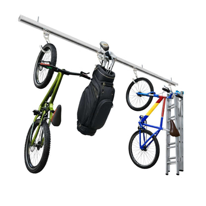 Ceiling SAM Bike Slide Pro - Ceiling Mount showcasing two bicycles and a black bag mounted on a ceiling track.
