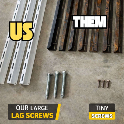 Comparison of large lag screws and tiny screws with labels 'US' and 'THEM' for ceiling storage solutions.