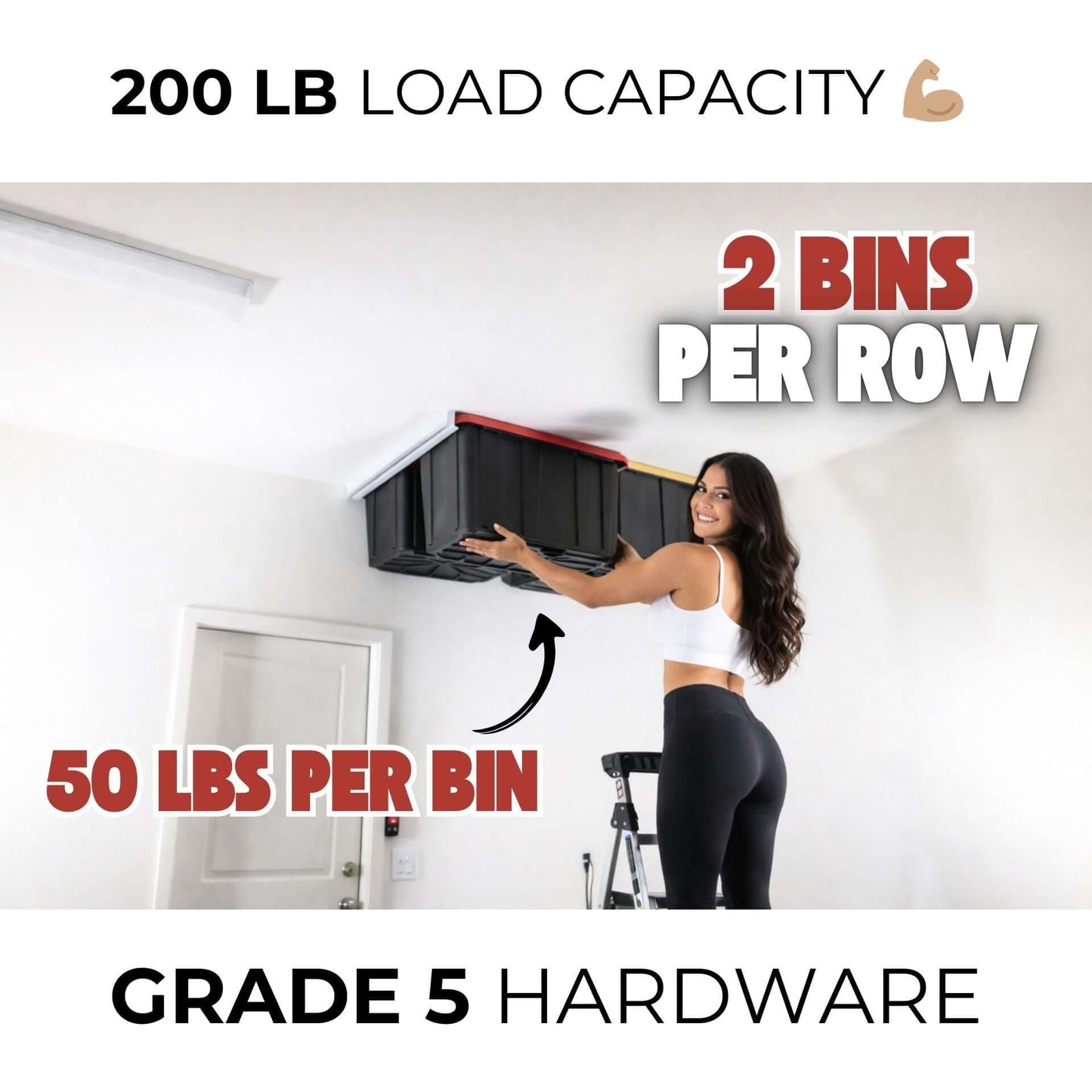 Ceiling SAM Bin-Slide Ceiling Storage Rack - Fixed showcases 200 lb load capacity and 2 bins per row with 50 lbs per bin.