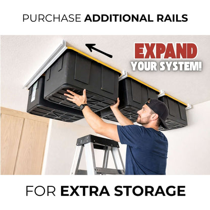 Ceiling SAM Bin-Slide Ceiling Storage Rack - Fixed showing additional rails for extra storage options.