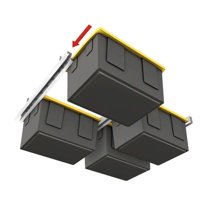 Ceiling SAM Bin-Slide Ceiling Storage Rack - Fixed holding 4 storage totes for organized overhead storage.