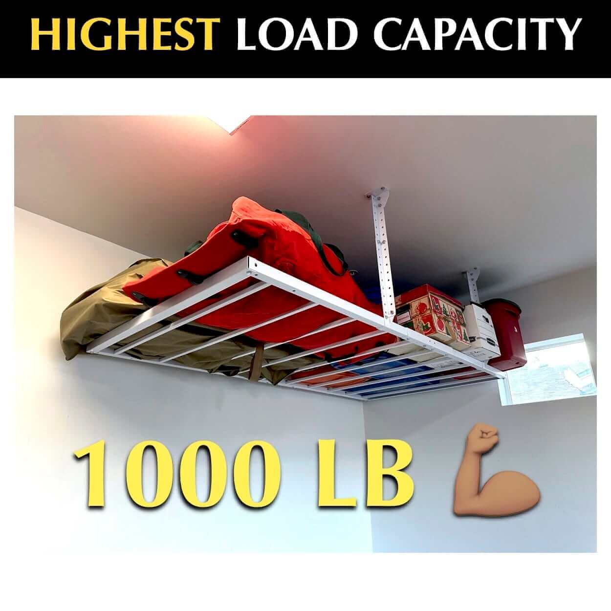 Ceiling Sam garage storage system showcasing 1000 lbs load capacity with bags and boxes on a sturdy shelf.