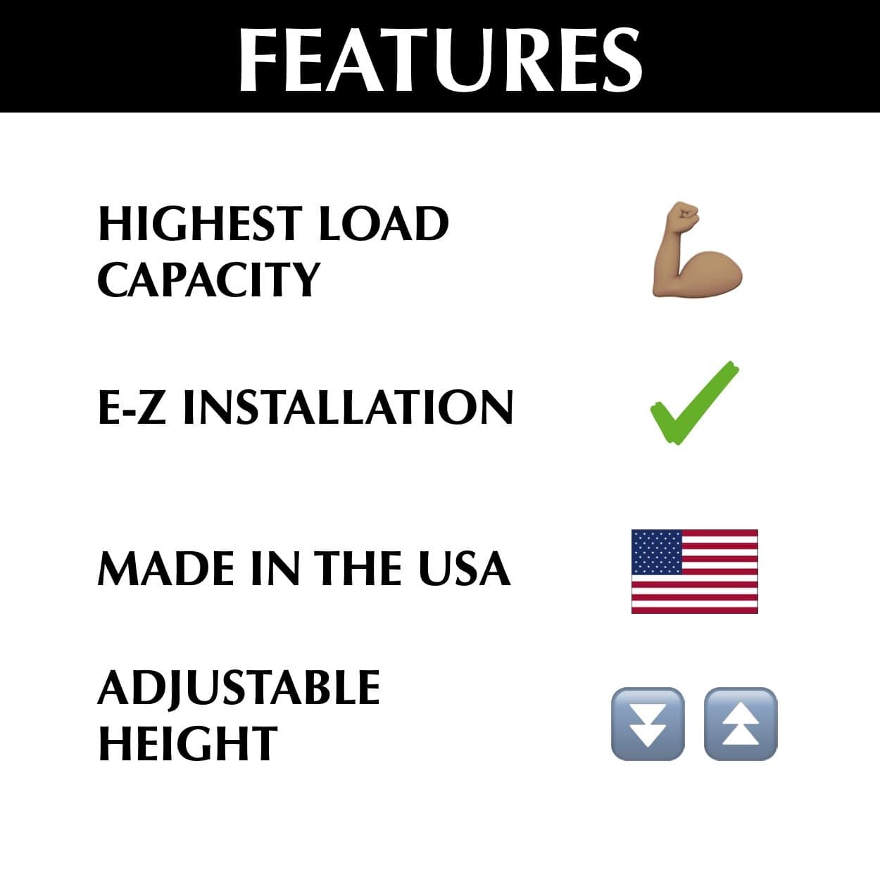 Features of the Ceiling Sam: highest load capacity, easy installation, made in the USA, adjustable height.