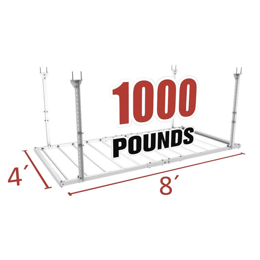 Ceiling Sam 1000 lbs 4x8 Garage Ceiling Storage showcasing 1000 pounds capacity and dimensions of 4x8. 