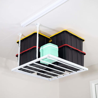 Ceiling Sam 400 lbs 4x4 Garage Ceiling Storage with stacked storage bins suspended from the ceiling.
