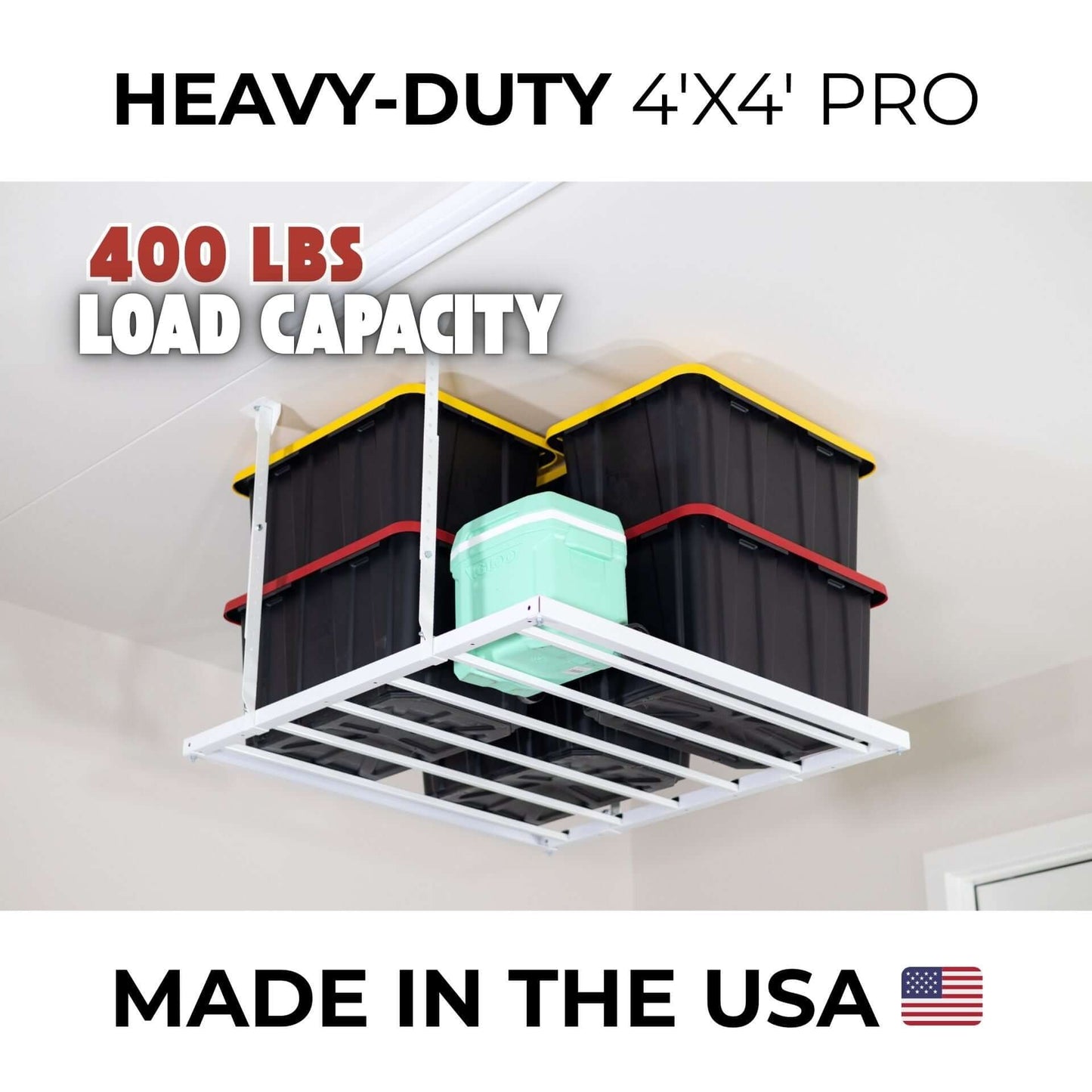 Ceiling Sam 400 lbs 4x4 Garage Ceiling Storage with heavy-duty load capacity and storage bins.