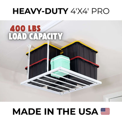 Ceiling Sam 400 lbs 4x4 Garage Ceiling Storage with heavy-duty load capacity and storage bins.