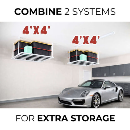 Ceiling Sam 400 lbs 4x4 Garage Ceiling Storage units combined for extra storage above a luxury car in a garage.