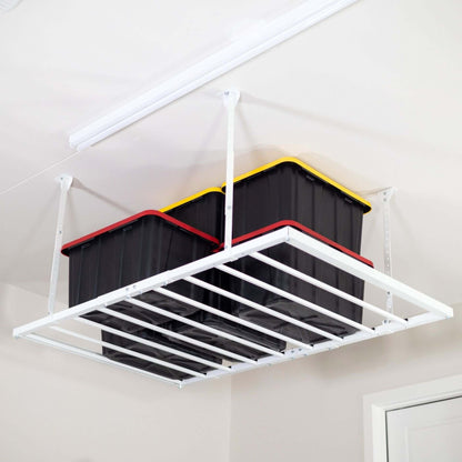 Ceiling Sam 600 lbs 4x6 Garage Ceiling Storage with black and colored bins overhead.