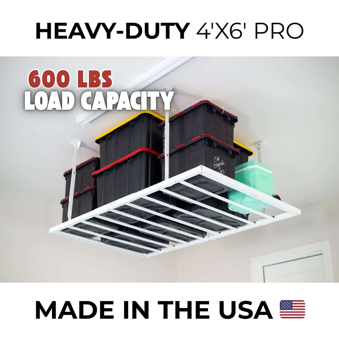 Ceiling Sam 600 lbs 4x6 Garage Ceiling Storage with heavy-duty shelves and storage bins.