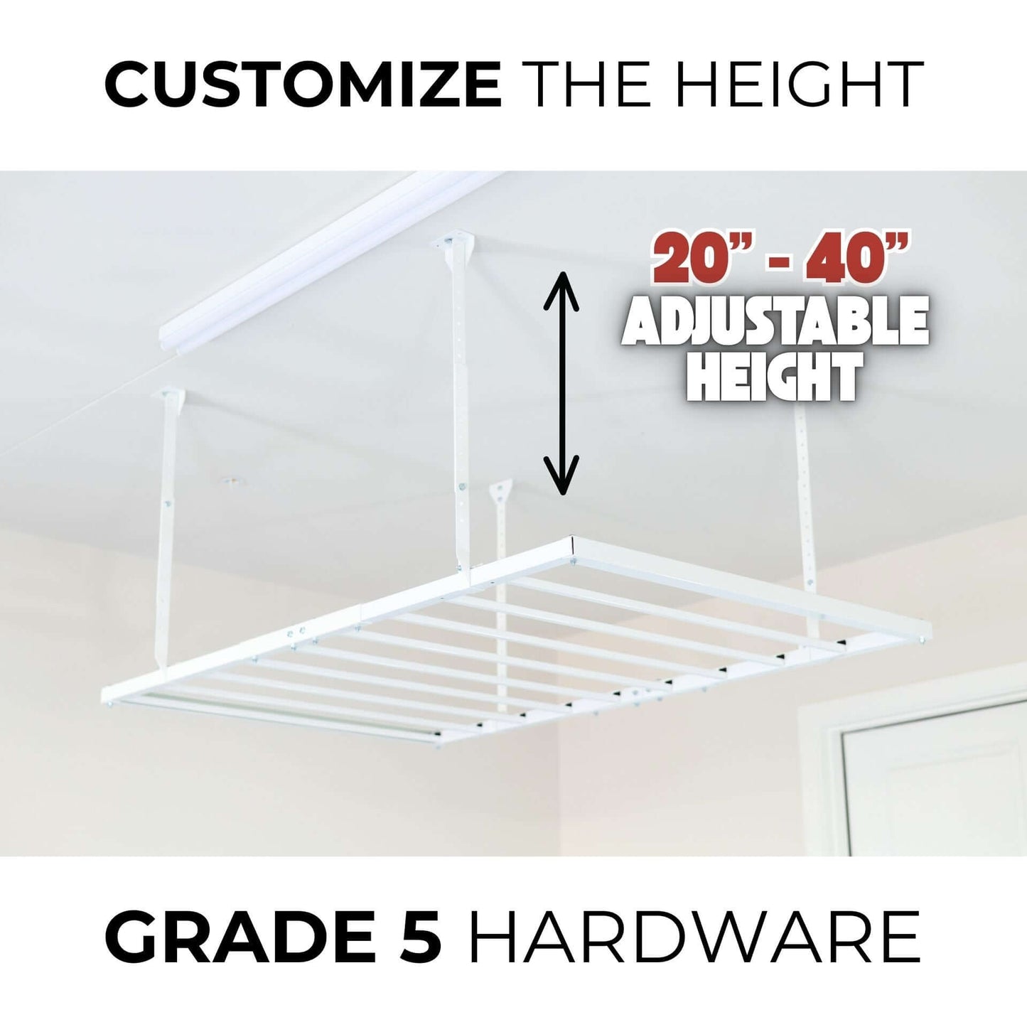 Ceiling Sam 600 lbs 4x6 Garage Ceiling Storage with adjustable height from 20" to 40" and Grade 5 hardware.