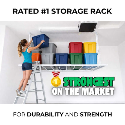 Ceiling Sam 600 lbs 4x6 Garage Ceiling Storage with colorful bins on rack for durability and strength.