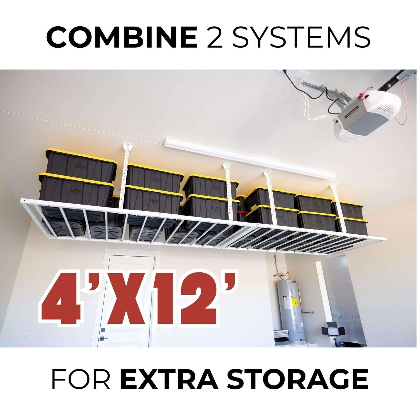 Ceiling Sam 600 lbs 4x6 Garage Ceiling Storage with 4'x12' extra storage solution in garage.