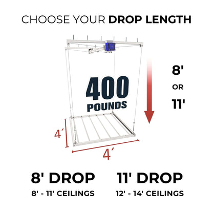 Ceiling Sam Retractable 4x4 Garage Ceiling Storage Lift with 400 lbs capacity and adjustable drop length