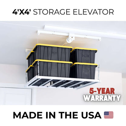 Ceiling Sam Retractable 4x4 Garage Ceiling Storage Lift with storage bins, 5-year warranty