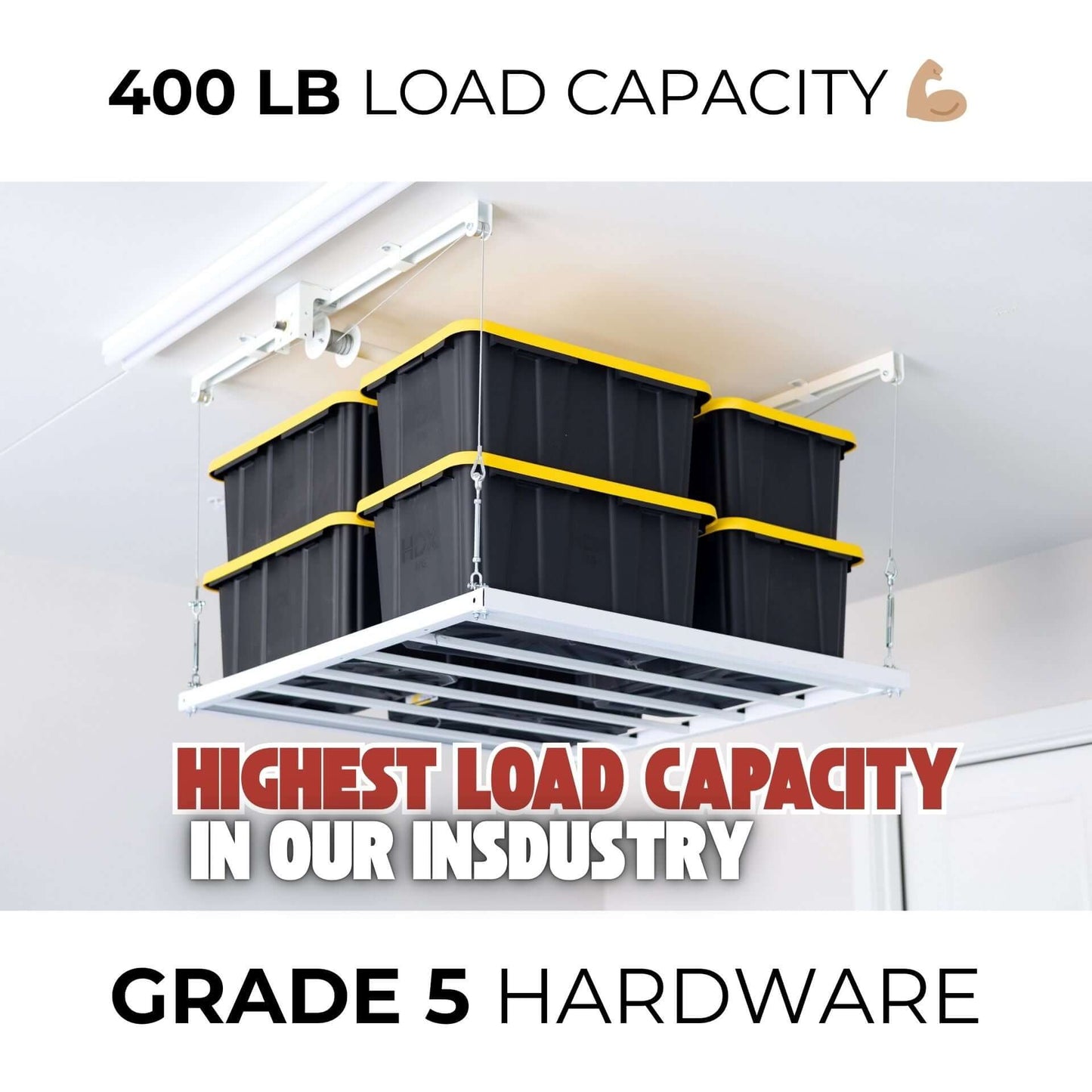 Ceiling Sam Retractable 4x4 Garage Ceiling Storage Lift showcasing 400 lb load capacity and durable Grade 5 hardware.