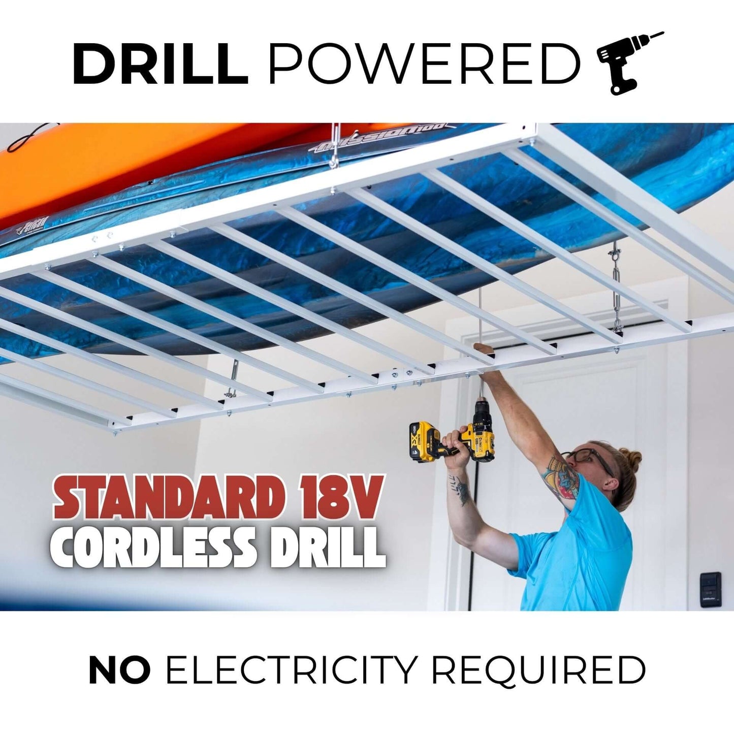 Drill powered 4x4 Garage Ceiling Storage Lift using a standard 18V cordless drill, no electricity required.