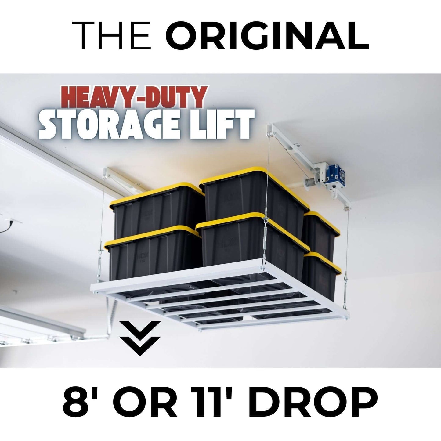 Ceiling Sam Retractable 4x4 Garage Ceiling Storage Lift featuring heavy-duty storage with 8 or 11 drop.