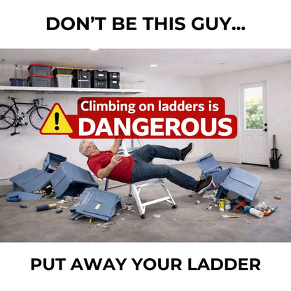 Image of a man falling from a ladder in a disorganized garage, emphasizing the danger of ladders. Put away your ladder!