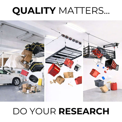 Ceiling Sam Retractable 4x4 Garage Ceiling Storage Lift showcasing effective garage organization and clutter removal.