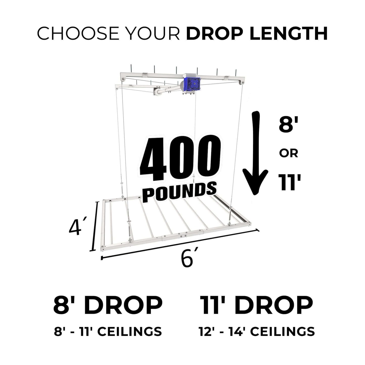 Ceiling Sam Retractable 4x6 Garage Ceiling Storage Lift showcasing drop lengths for 8' and 11' ceilings and 400lb capacity.