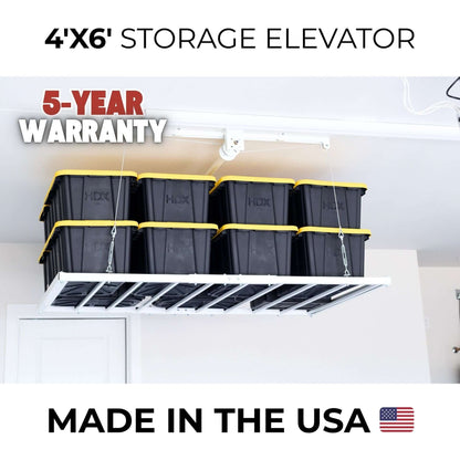 Ceiling Sam Retractable 4x6 Garage Ceiling Storage Lift with black storage bins and 5-year warranty.