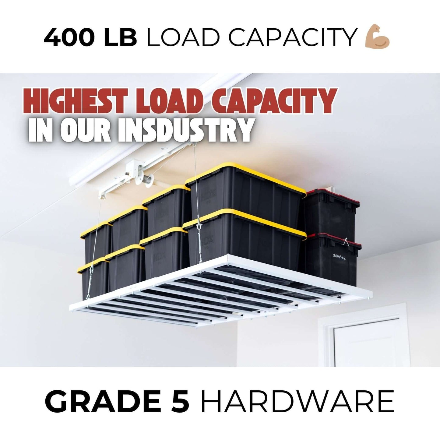 Ceiling Sam Retractable 4x6 Garage Ceiling Storage Lift showing 400 lb load capacity with Grade 5 hardware.