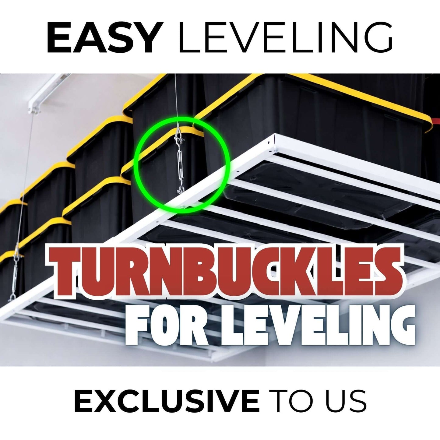 Ceiling Sam Retractable 4x6 Garage Ceiling Storage Lift showing easy leveling turnbuckles for optimal storage organization.