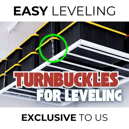 Ceiling Sam Retractable 4x6 Garage Ceiling Storage Lift showing easy leveling turnbuckles for optimal storage organization.