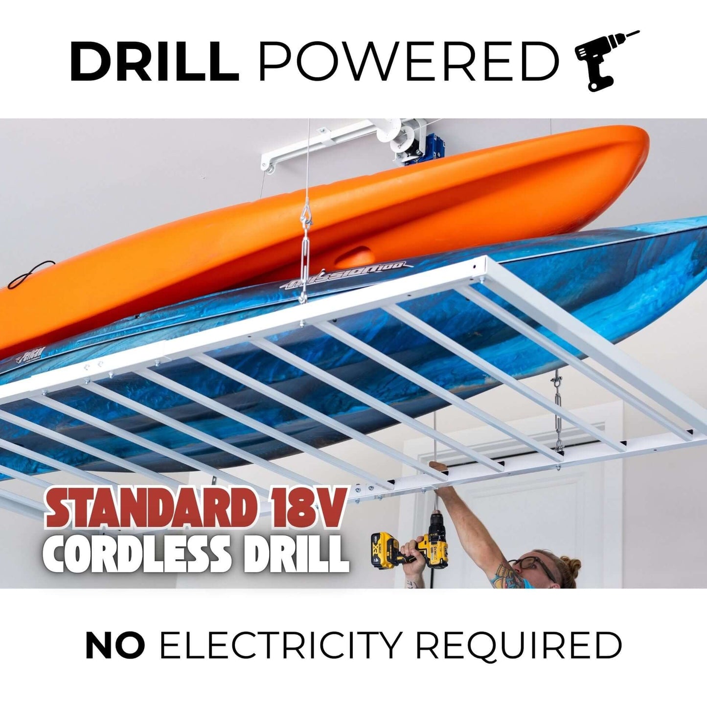 Ceiling Sam Retractable 4x6 Garage Ceiling Storage Lift using standard 18V cordless drill for easy installation.