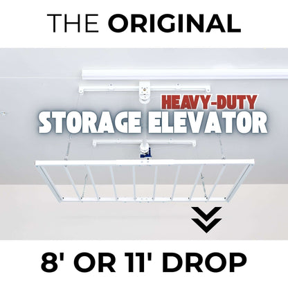 Ceiling Sam Retractable 4x6 Garage Ceiling Storage Lift heavy-duty storage elevator with 8 or 11 drop feature.
