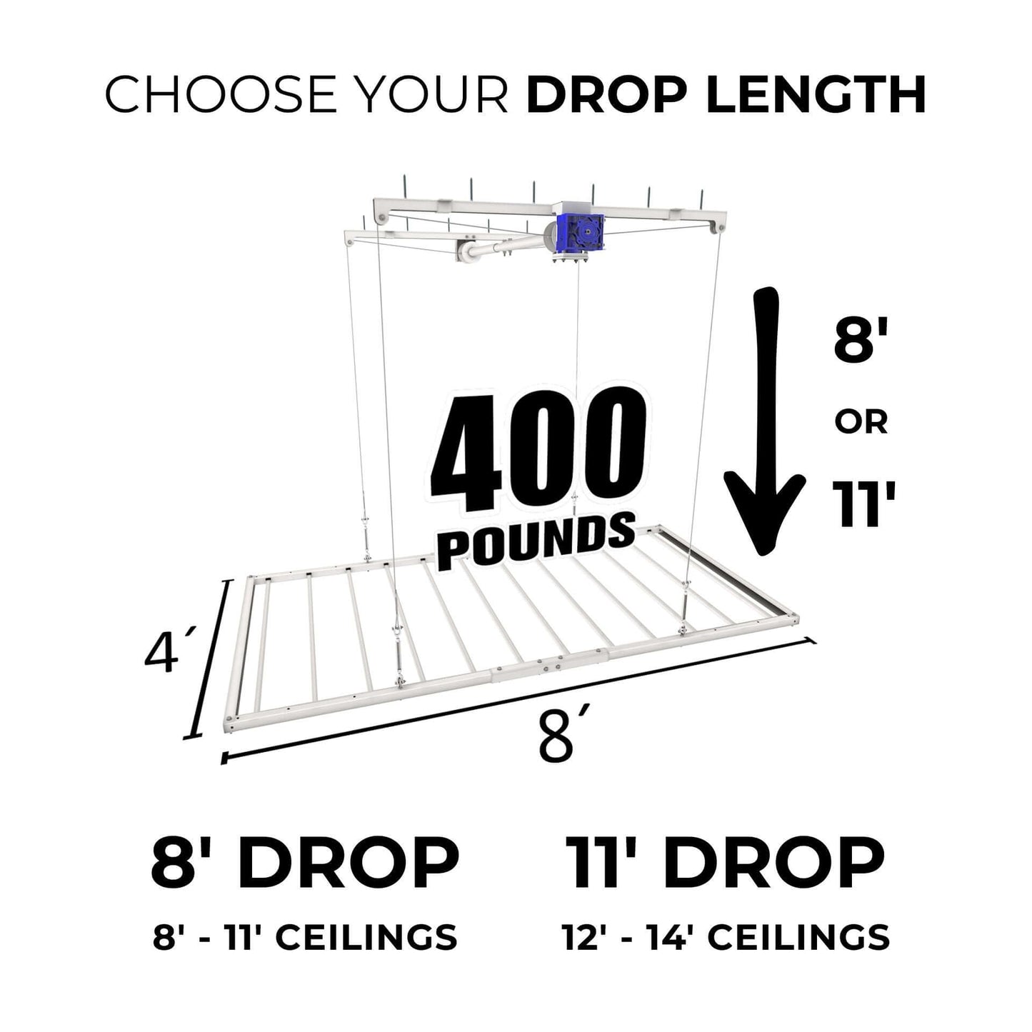 Ceiling Sam Retractable 4x8 Garage Ceiling Storage Lift showing drop lengths of 8 and 11 feet with a 400-pound capacity.