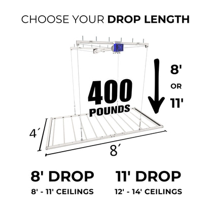 Ceiling Sam Retractable 4x8 Garage Ceiling Storage Lift showing drop lengths of 8 and 11 feet with a 400-pound capacity.