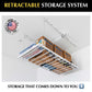 Retractable 4'x8' garage ceiling storage lift with boxes, showcasing convenient storage solution made in the USA.