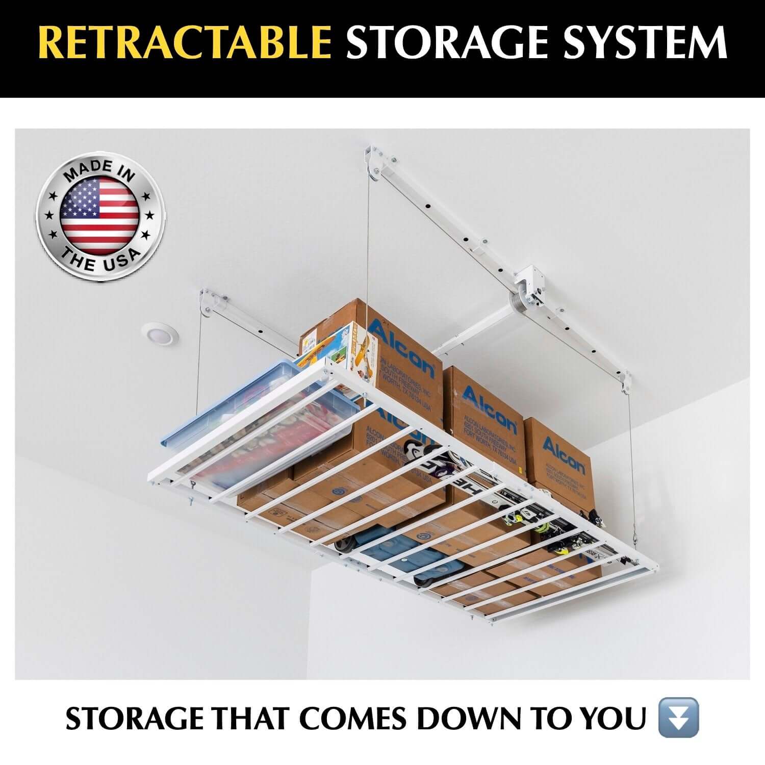 Retractable 4'x8' garage ceiling storage lift with boxes, showcasing convenient storage solution made in the USA.