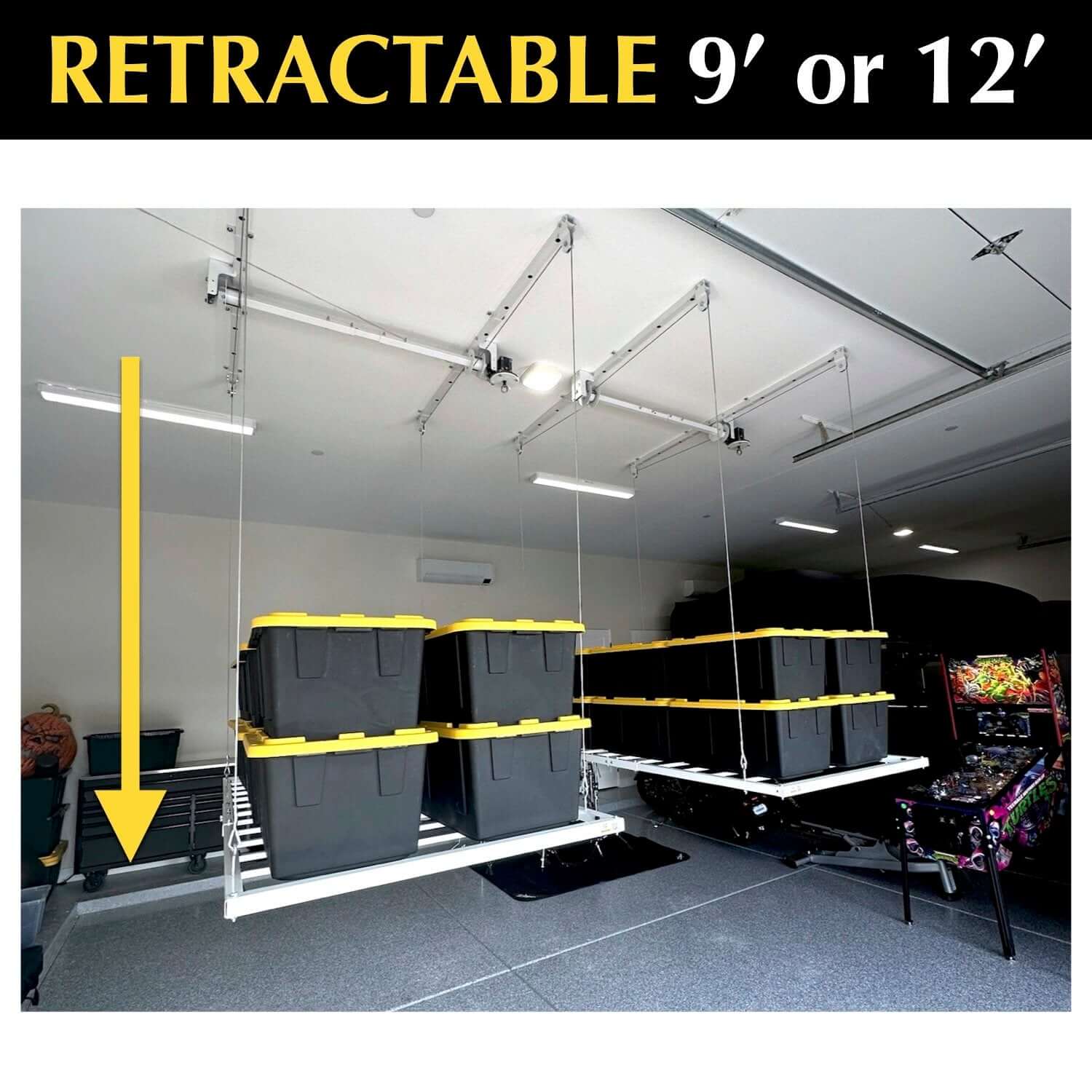 Ceiling Sam 9' or 12' retractable garage storage lift with yellow-topped totes.