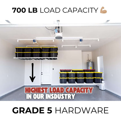 Ceiling Sam Retractable 4x8 Garage Ceiling Storage Lift showing 700 lb load capacity and grade 5 hardware.
