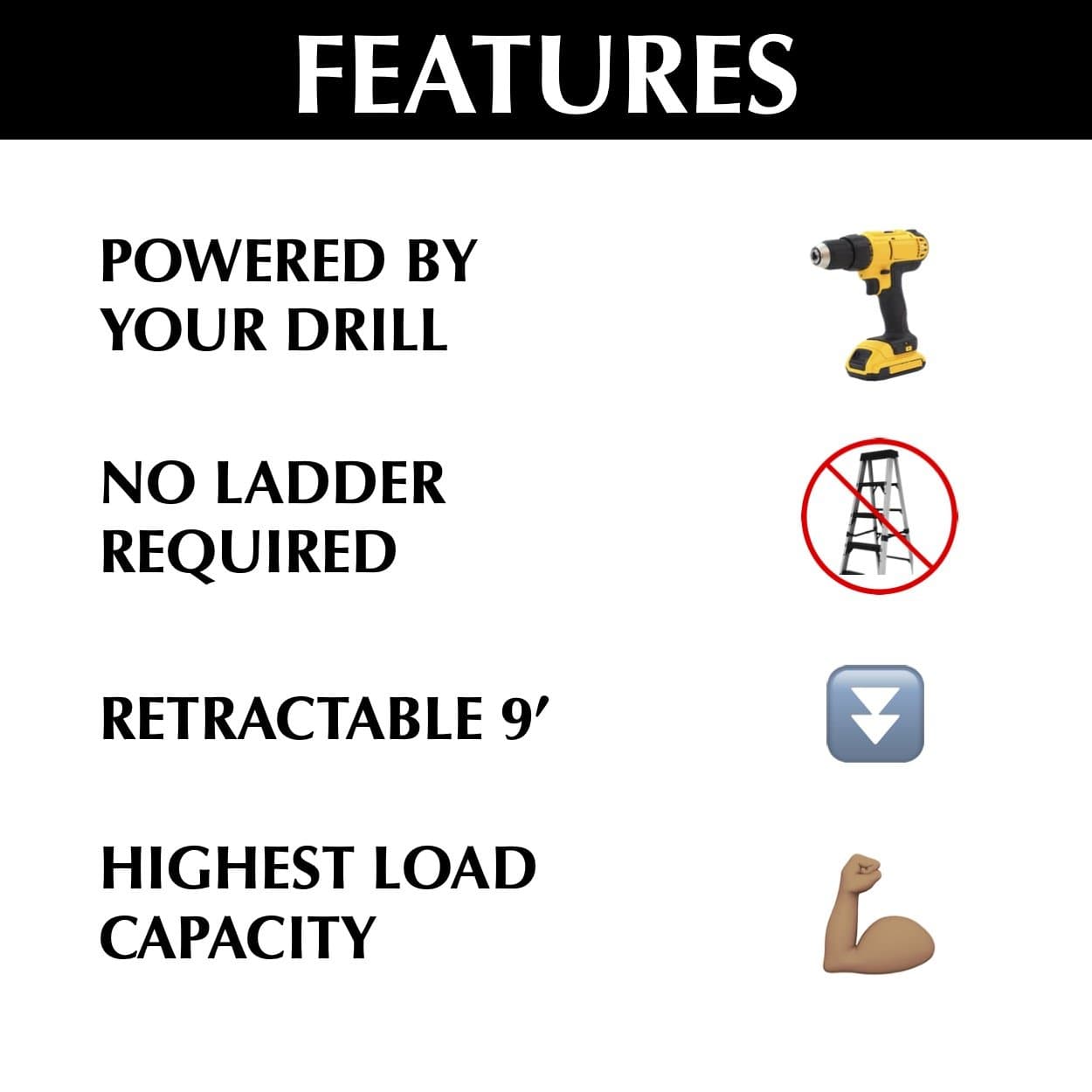 Features of Ceiling Sam Lift: powered by drill, no ladder needed, retractable 9', highest load capacity.