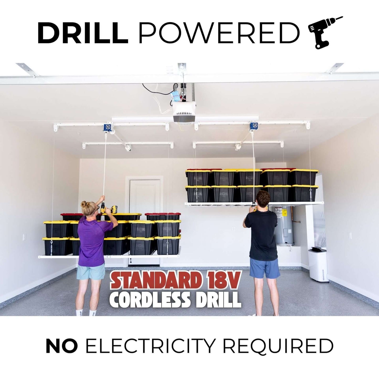 Ceiling Sam Retractable 4x8 Garage Ceiling Storage Lift powered by drill with no electricity required.