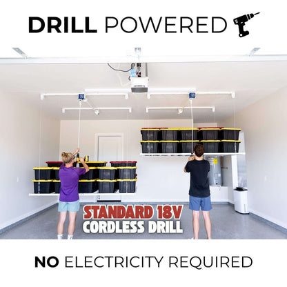 Ceiling Sam Retractable 4x8 Garage Ceiling Storage Lift powered by drill with no electricity required.