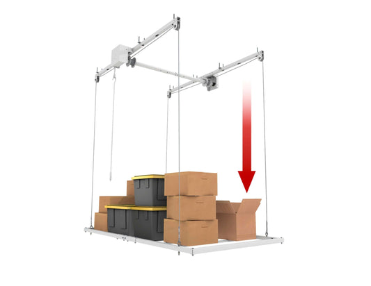 Ceiling Sam Retractable storage lift showcasing boxes being lowered for easy access. 