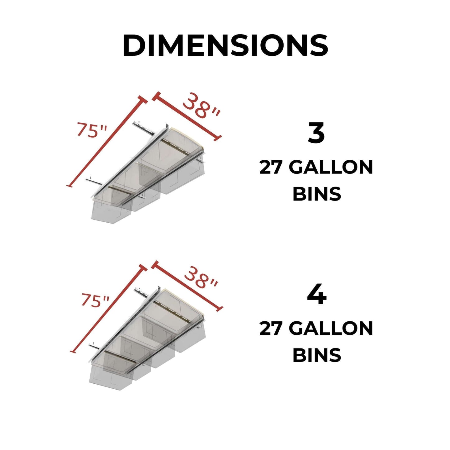 Ceiling Sam Tote Slide Garage Ceiling Storage - Adjustable dimensions showing storage for 3 and 4 bins.
