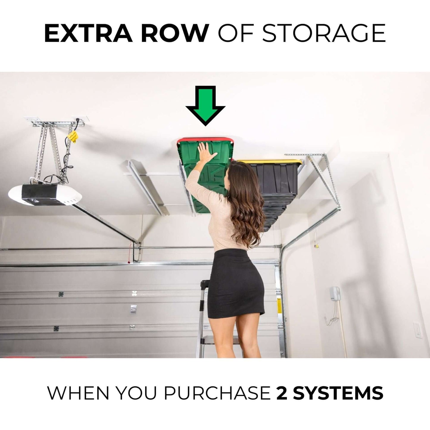 Extra row of storage available with the purchase of 2 Ceiling Sam Tote Slide Garage Ceiling Storage - Adjustable systems.