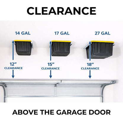 Ceiling Sam Tote Slide Garage Ceiling Storage - Adjustable clearance chart for different tote sizes above the garage door.
