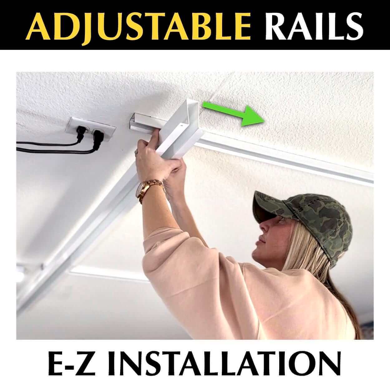 Woman installing adjustable ceiling rails for easy storage solution with clear instructions.