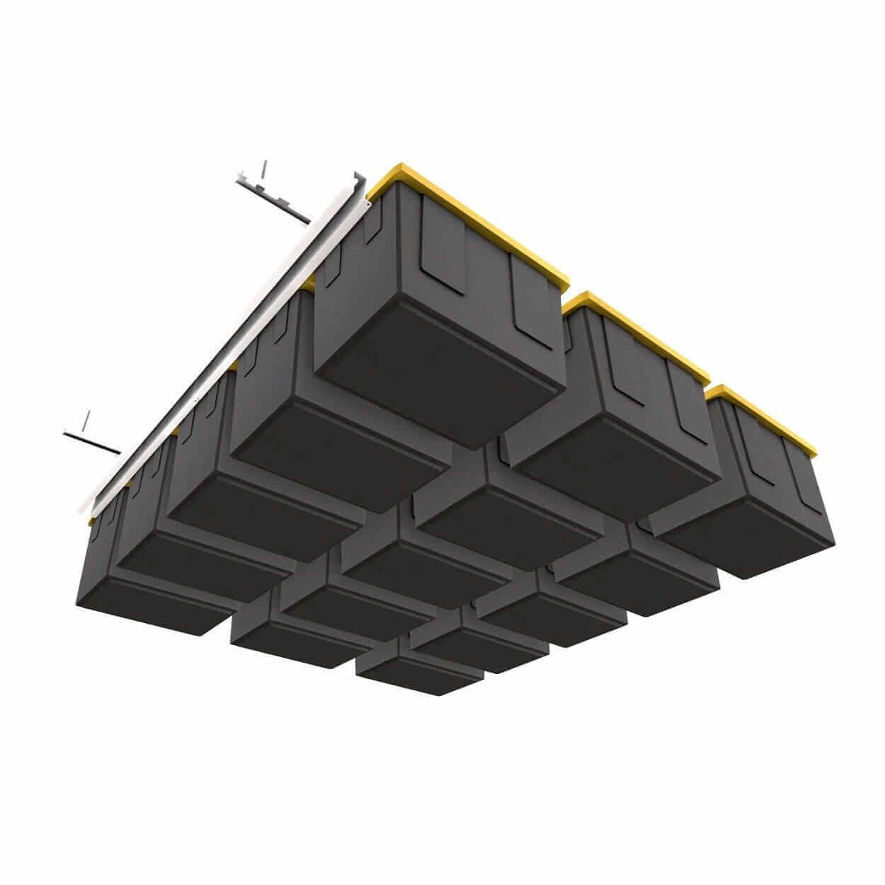 Ceiling Sam Tote Slide Pro garage storage system with stacked black totes organized overhead.